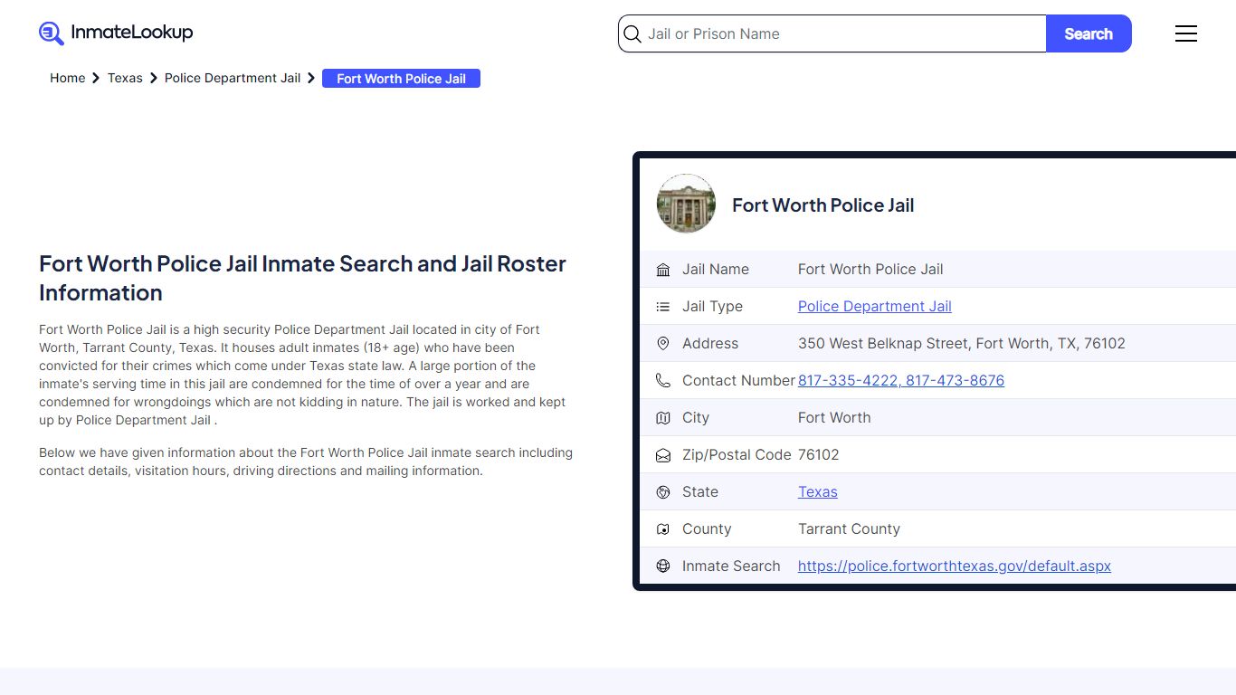 Fort Worth Police Jail Inmate Search and Jail Roster Information